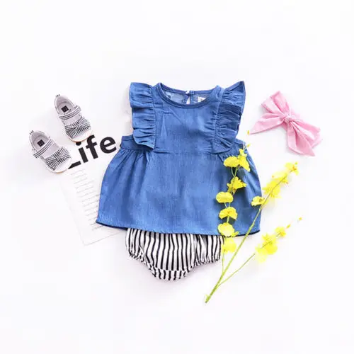 2018 для маленьких детей девочек летающие рукава джинсовое синее официальное