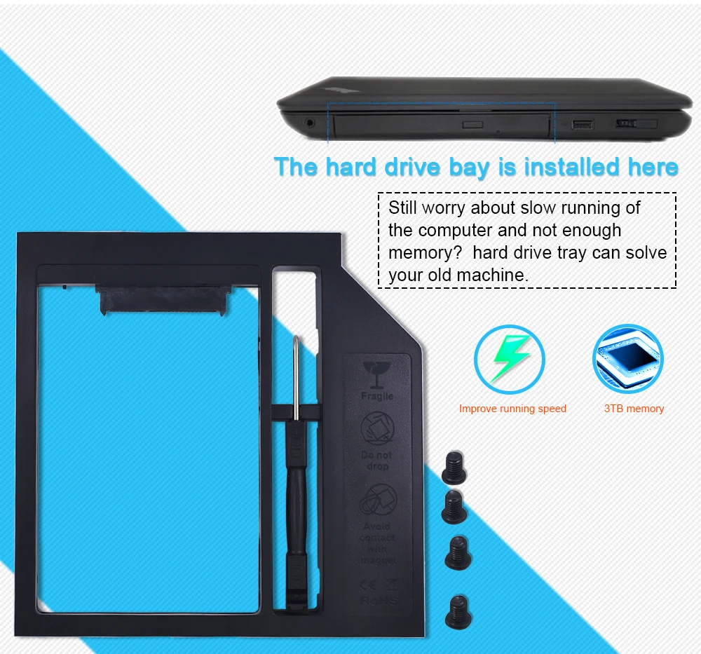 TISHRIC пластиковый универсальный 2nd HDD Caddy 12,7 мм SATA 3,0 Optibay для 2,5 ''2TB жесткого диска SSD чехол Корпус для ноутбука CD-ROM