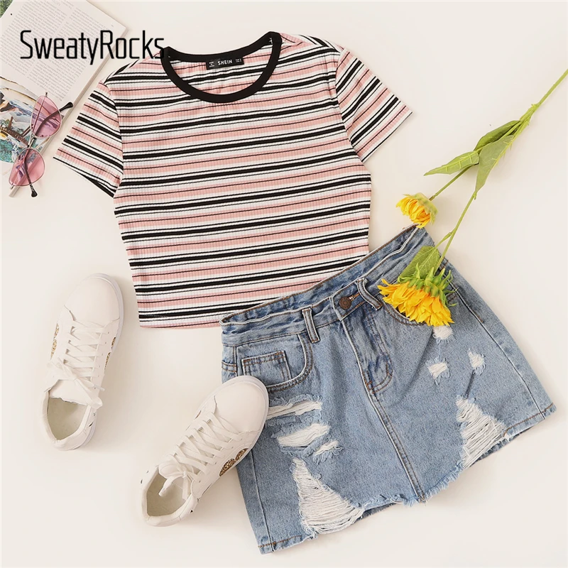 SweatyRocks контрастная лента полосатый принт ребристая Футболка короткий рукав круглый вырез Топы женские летние эластичные облегающие кроп-футболки