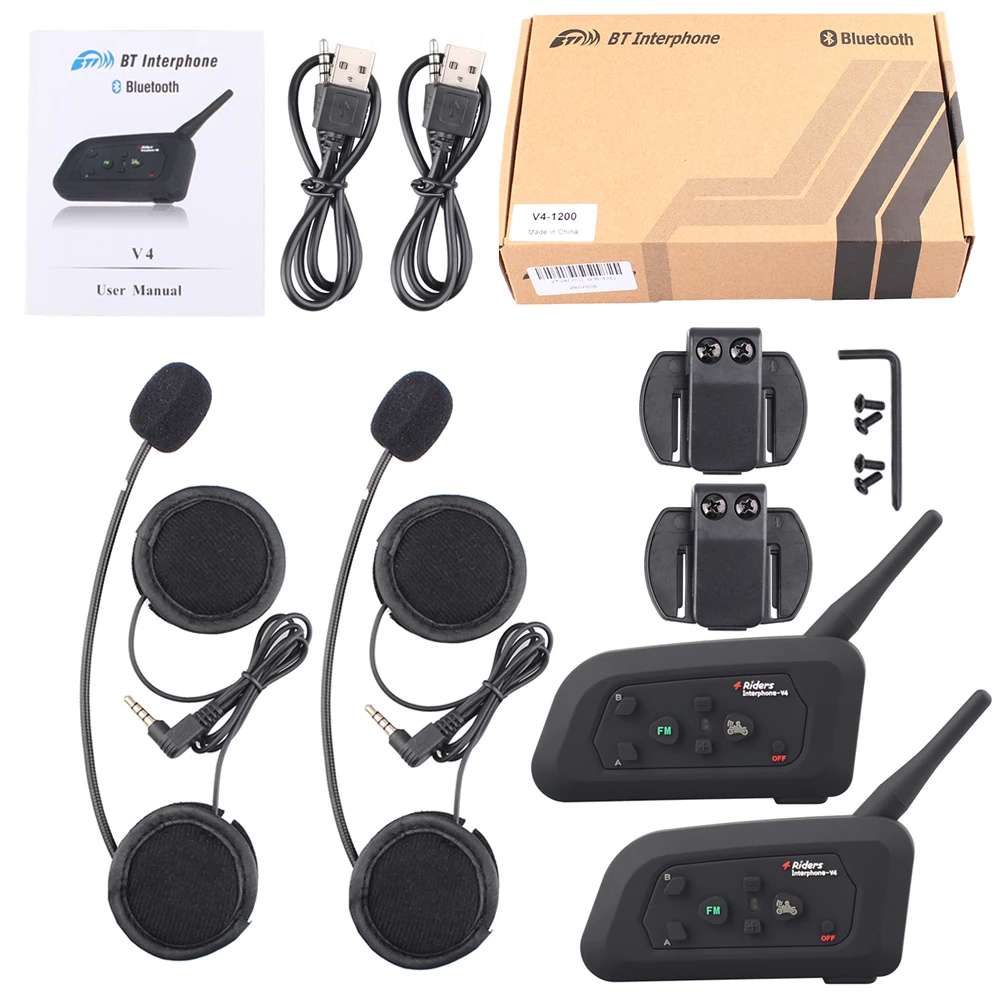 2 шт. V4 BT Interphone беспроводной мотоциклетный шлем Bluetooth гарнитура для 4 всадников 1200
