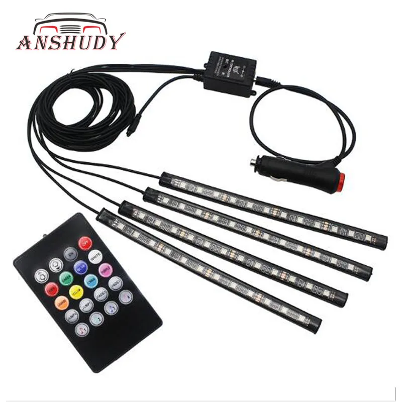 Автомобильный USB LED свет атмосферы Музыка Пульт дистанционного управления RGB
