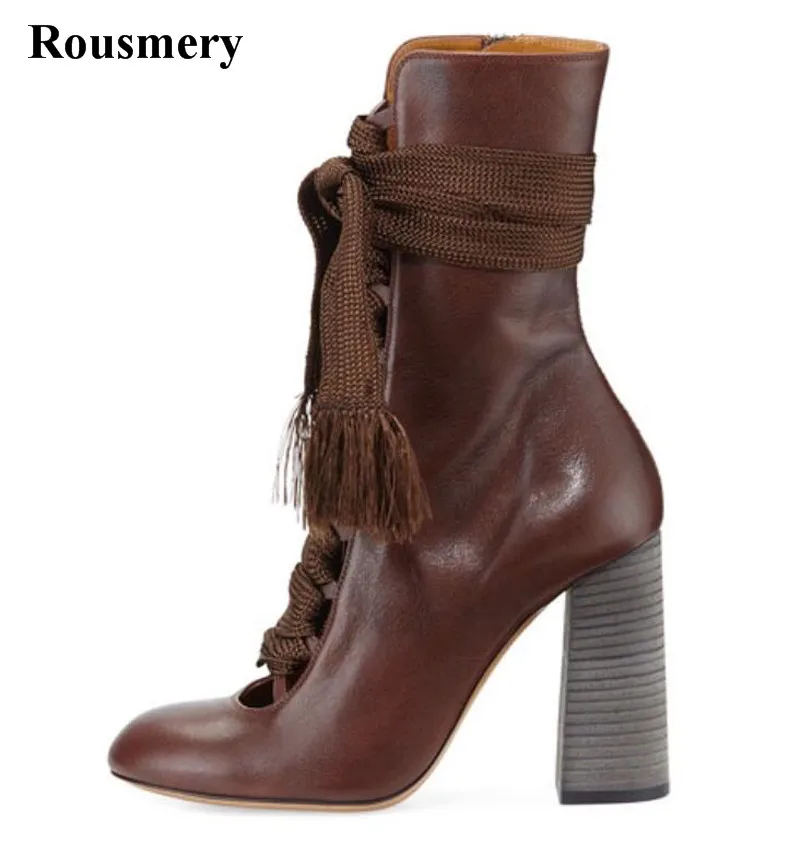 Новый дизайн женские ботильоны из натуральной кожи на шнурках с закругленным