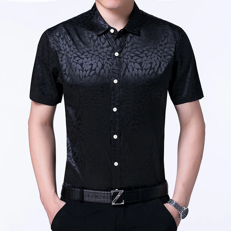 Рубашка мужская атласная с коротким рукавом шелковая сорочка в повседневном и