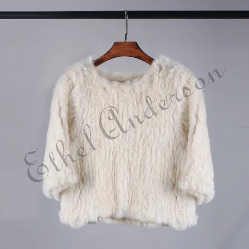 ETHEL ANDERSON Womens Knitted Real Rabbit Fur Jacket Coat Fashion Pullover Outwear Waist Length Sweater Beauty New Arriving