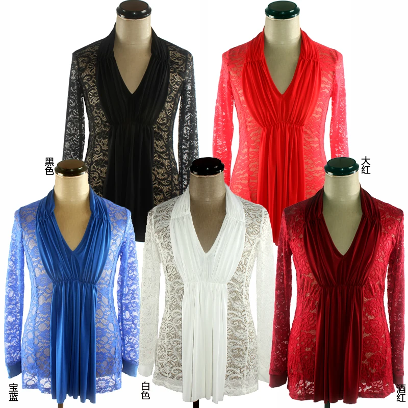 Топ для латинских танцев с длинным рукавом сексуальный кружевной v образный