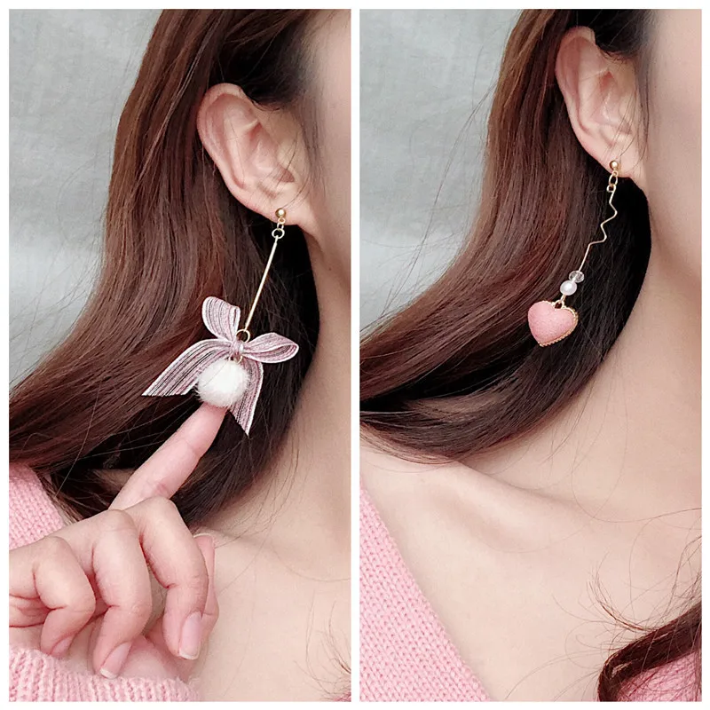 Женские асимметричные серьги в форме сердца подвески с розовым бантом