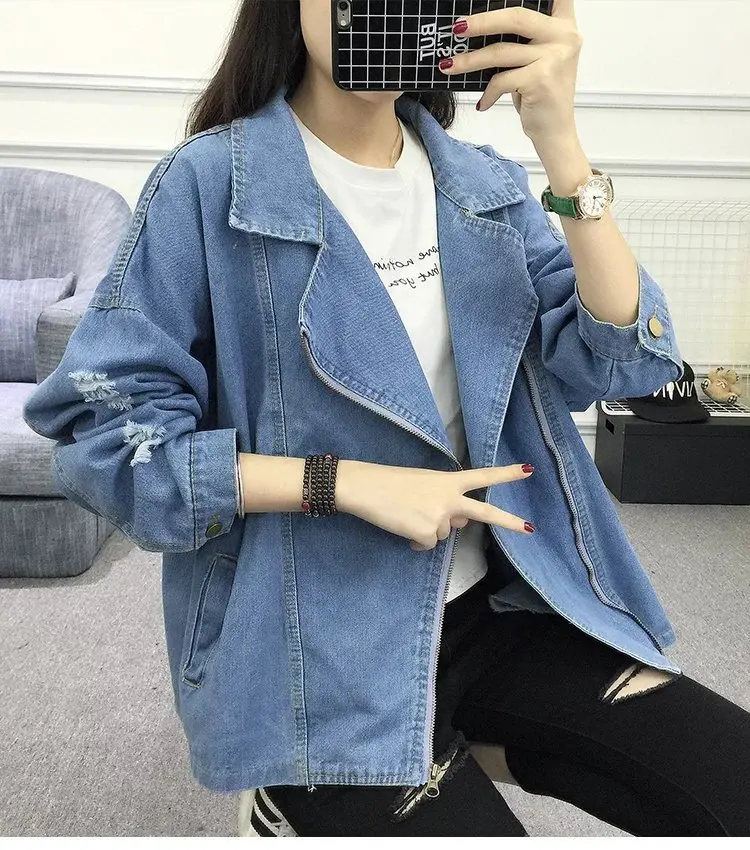 Новые осенние женские куртки Vestido размера плюс, повседневные свободные джинсовые куртки на молнии с отложным воротником для женщин, большие джинсовые куртки