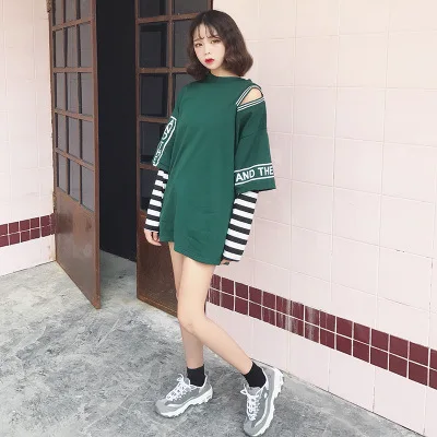 Футболка Femme 2018 весенняя одежда женские корейские Ulzzang Harajuku полосатые рукава