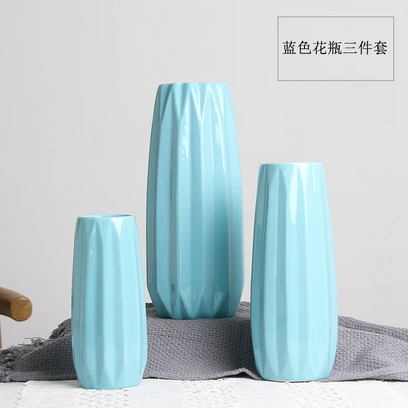 Blue-3 pcs Модный стиль белая/синяя/Розовая керамическая ваза для цветов креативное украшение дома Настольная Ваза изделия ручной работы креативный подарок - Цвет: Blue-3 pcs