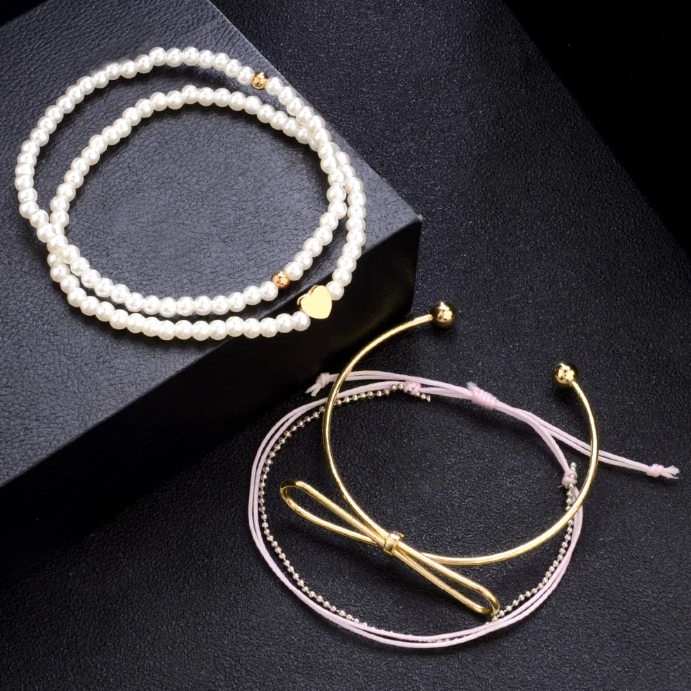 4 Pcs/Set Pearl String Bow Love Bracelet Stainless Steel Stylish Style Cuff Bracelets Personalized Gifts For Friends | Украшения и