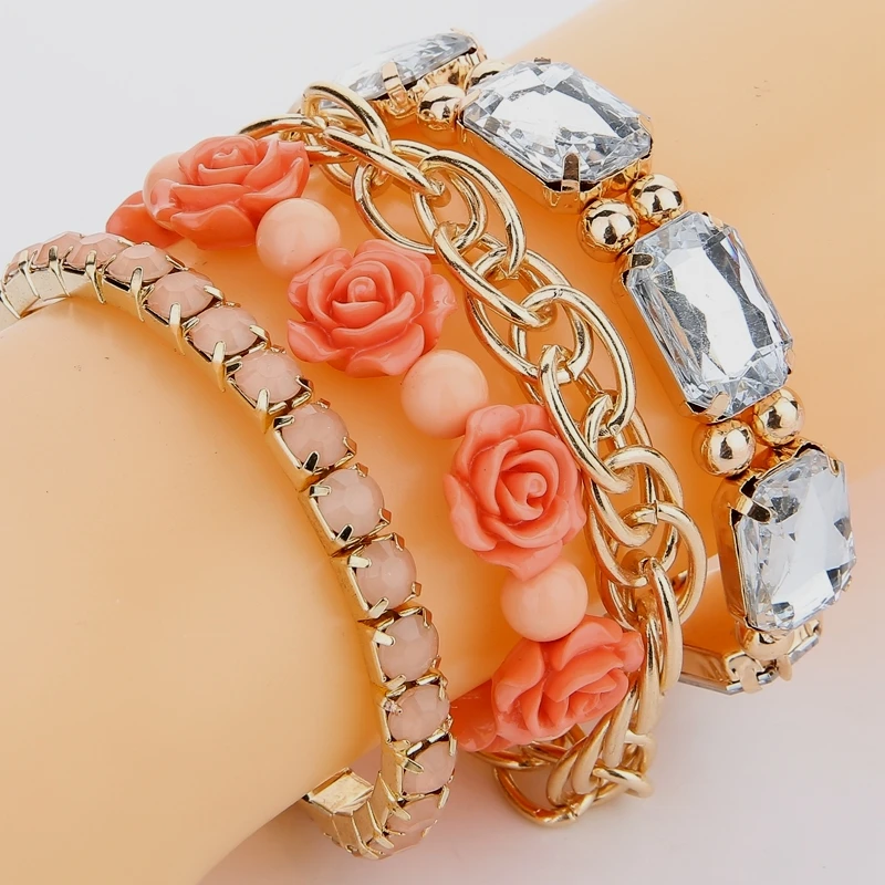 DANZE 4 шт. в стиле панк золотой цвет цепочка и цветок розы Кристалл Браслеты из