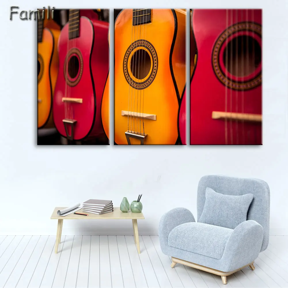 Холст стены Книги по искусству некадрированным Home Decor Фотографии комплект из 3 предметов Электрогитары Картины Винтаж музыкальный инструмент Плакаты HD с Пэн