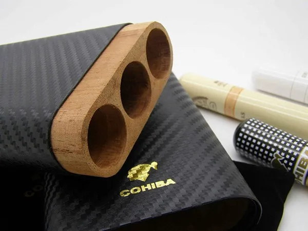 COHIBA для путешествий, сигара кожаный чехол из углеродного волокна и кедрового дерева 3 трубки держатель для сигары мини-коробка с увлажнителем