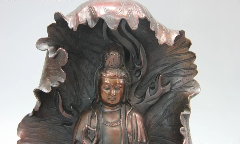 Китайский буддийский из бронзы медный лист лотоса Kwan-yin статуя Бодхисаттвы