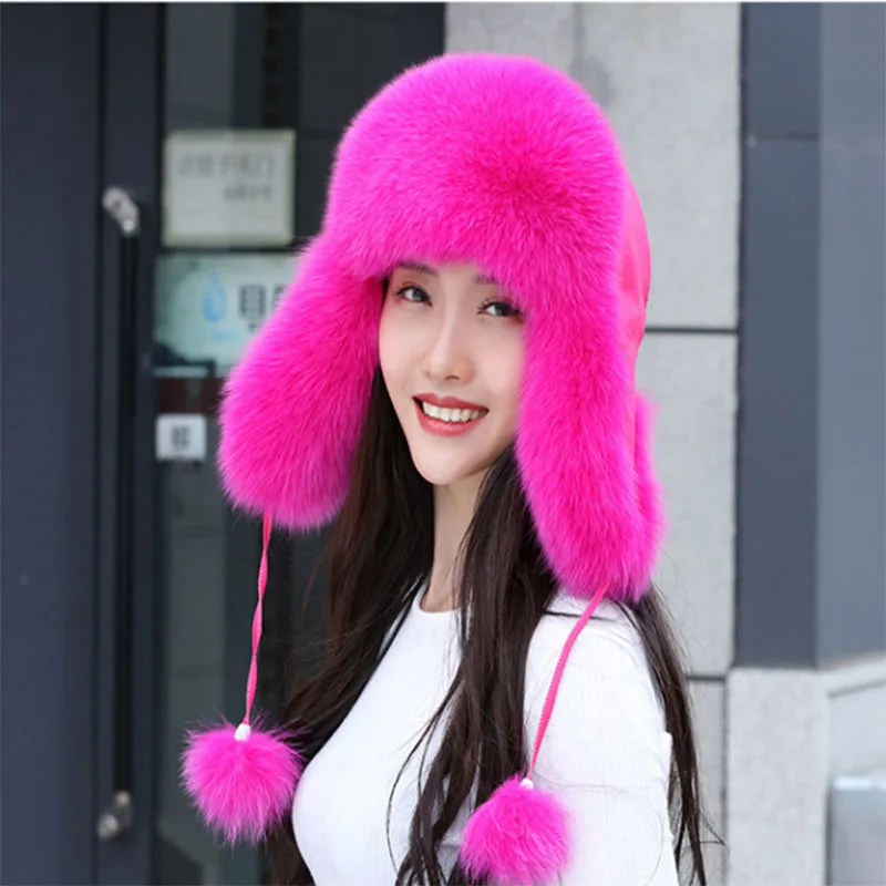 rose Red 19 nuevo invierno ruso натуральный Лисий sombrero de piel caliente Venta caliente buena calidad piel de zorro bombardero sombreros g - Цвет: rose Red