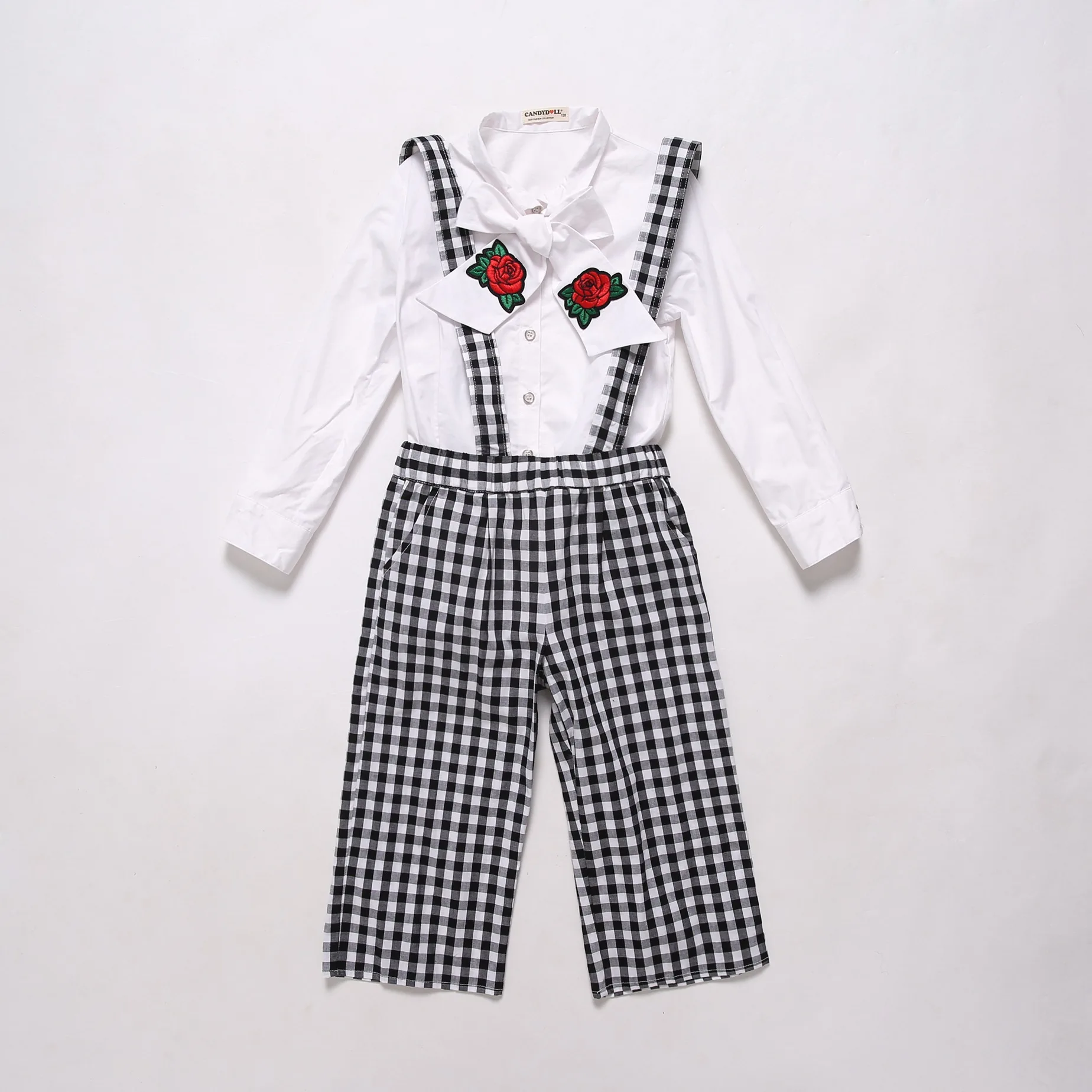 

CANDYDOLL Spring new girl set Medium and white children's white printed shirt Two-piece plaid bib set Cotton comfort