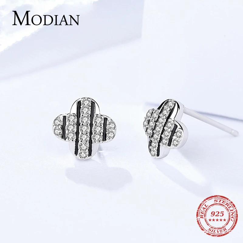 Modian горячая Распродажа 925 пробы Серебряная черная эмаль четырехлистный клевер CZ серьги-гвоздики Очаровательные простые серьги для женщин ювелирные изделия
