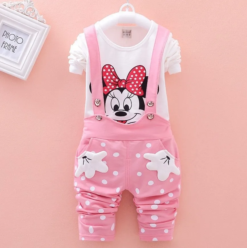 Розничная, коллекция года, новые комплекты одежды для маленьких девочек детский хлопковый костюм, футболка с длинными рукавами и рисунком Микки и Минни+ штаны на подтяжках 3 цвета - Цвет: as picture