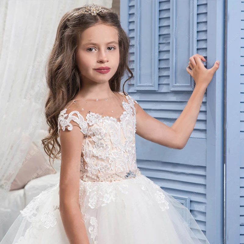 Toddler flower girl ball gown dress white party elegant evening tutu with tail ceremony wedding 1st birthday | Детская одежда и