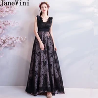 janevini 2018 vintage black lace long bridesmaid dresses a line deep v neck sleeveless sweep train plus size dresses prom wear