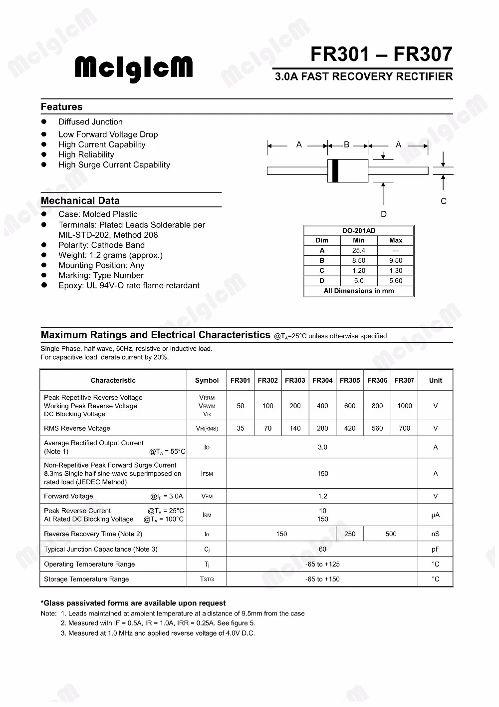 MCIGICM 20 шт Выпрямитель Диод 3A 1000V DO-27 FR307 | Электронные компоненты и принадлежности