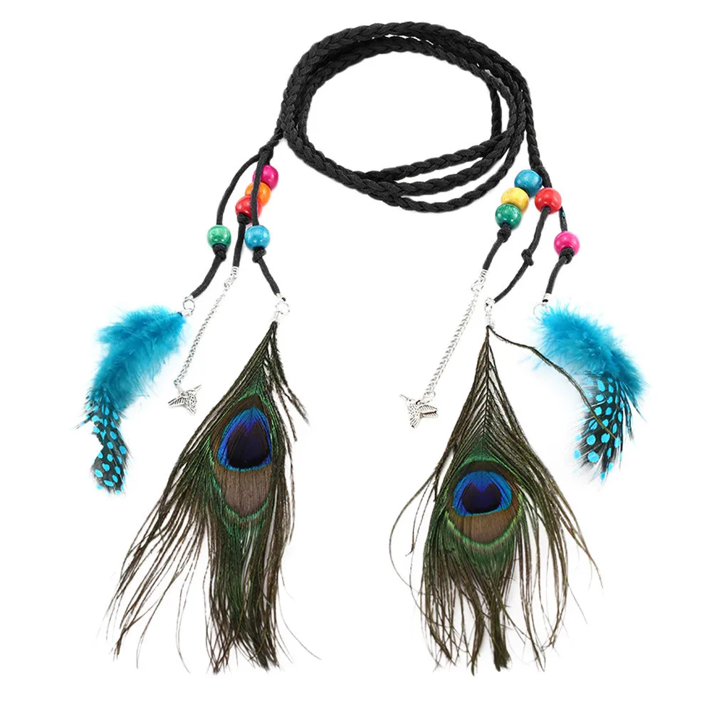 Женский пояс для платья женский в богемном стиле плетеный с перьями павлина