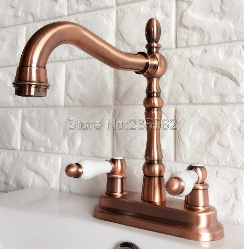 

Antique Red Copper 4" Centerset Kitchen Bathroom Vessel Sink Two Holes Basin Swivel Faucet Dual Handles Water Tap Lrg049