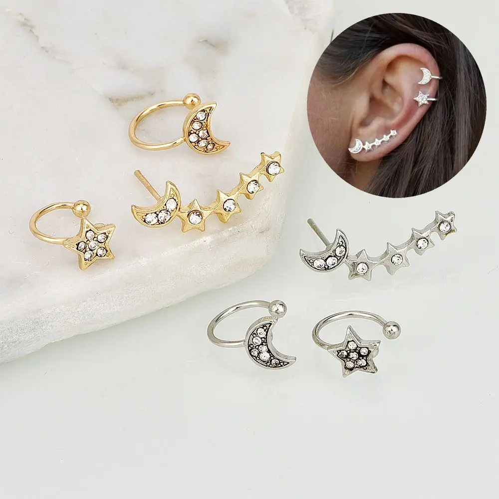 3pcs Set Earrings Ear Stud Star Moon Shape Rhinestone Gifts Jewelry For Women Lady Girl CX17 | Украшения и аксессуары