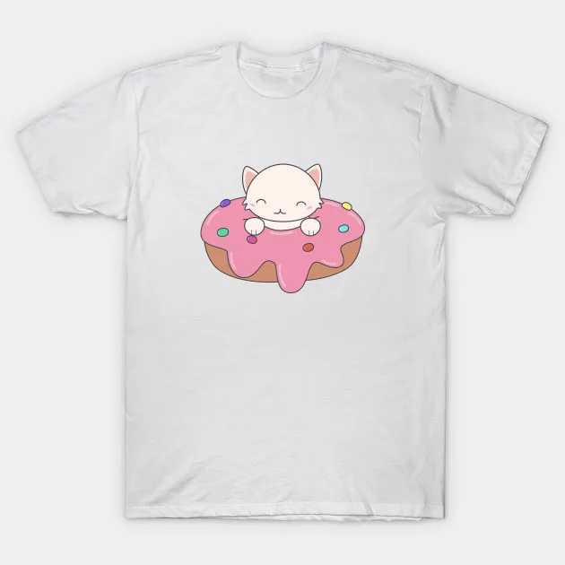Kawaii Cat in a donut 2018 повседневные мужские футболки с круглым вырезом Модные коротким