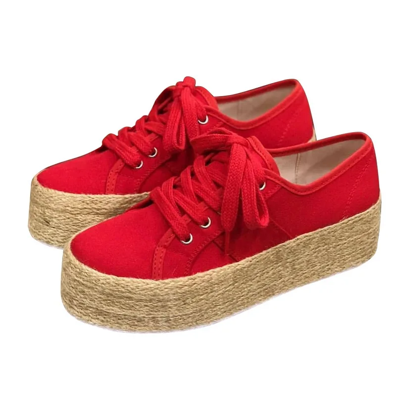 color 3 Laamei Women Espadrille Shoes Canvas Thick Bottom Flats Shoes Girls Lace Up Round Toe Casual Flats Plus Size Drop Shipping - Color: color 3