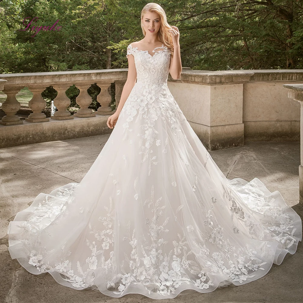 Свадебное платье трапециевидной формы Liyuke кружевное с цветочной аппликацией и