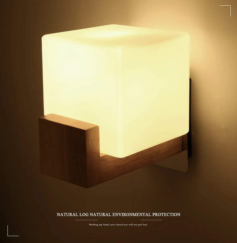Japanese Style Brief LED Cube Frosted Glass Solid Wood Holder Metal Plate Wall Mount Wall Lamp Sconce for Aisle Lighting Fixture