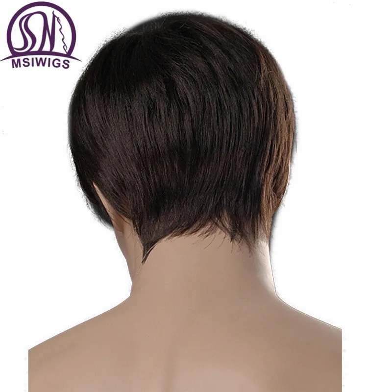 MSI Wigs 6 дюймов короткие прямые синтетические мужские парики темно-коричневый цвет натуральный мужской парик с боковой челкой Термостойкое волокно - Цвет: Коричневый