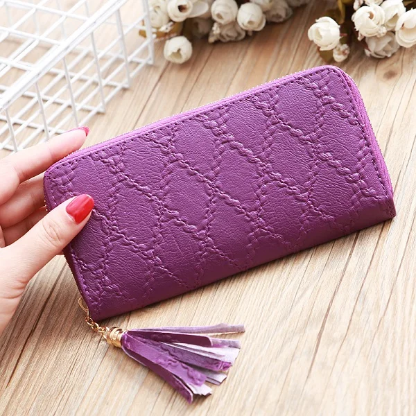 Purple Wallet Длинный кошелек, женские кошельки с кисточками, модный кошелек для монет, держатель для карт, женские кошельки, клатч, сумка для денег, винтажный женский клетчатый кошелек - Цвет: Purple Wallet