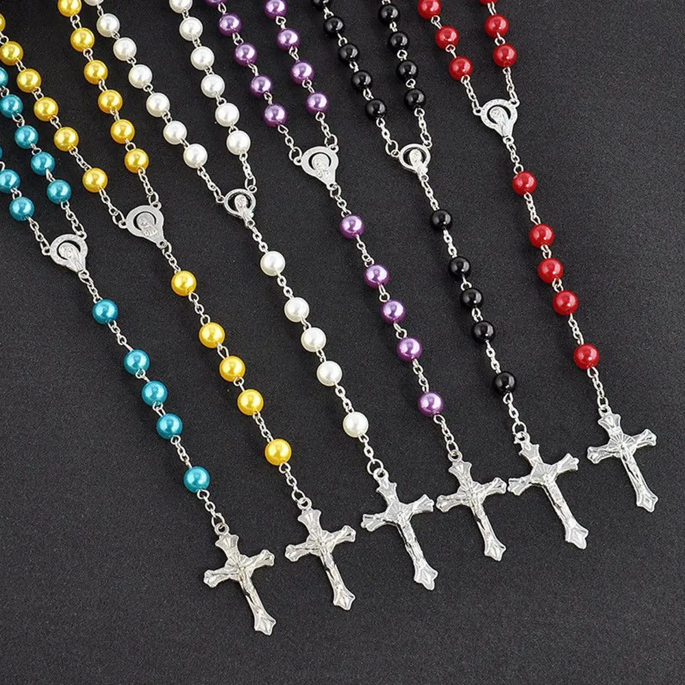 Rosary Handmade Round Glass Imitation Pearl Bead Alloy Cross Pendant Christian Catholic Religious Pendants Necklace