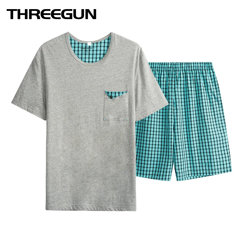 THREEGUN брендовая мужская сексуальная пижама, Повседневная Домашняя одежда, мужские шорты для сна, пижамный комплект, хлопковые топы, футболки и шорты, пижама hombre