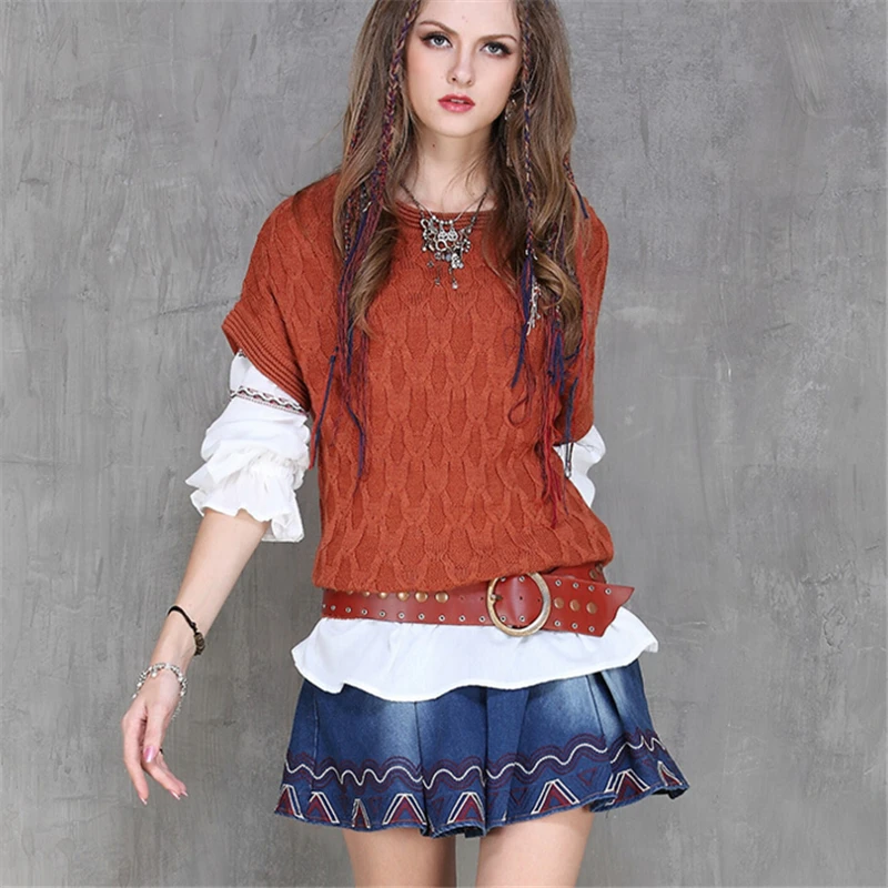 Женский винтажный свитер короткий шерстяной вязаный джемпер с рукавом летучая