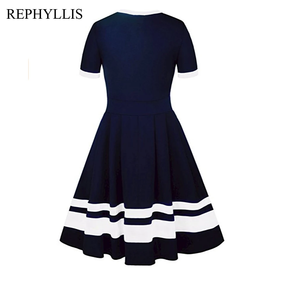 

REPHYLLIS Ladies Short Sleeve Scoop Neck Striped Swing A Line Dress Women Casual Party Holiday Knee Elegant Dress