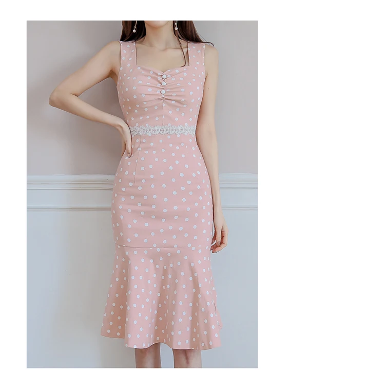 Высокое качество летнее платье в горошек с милым принтом Vestidos облегающее платье-майка без рукавов до колена Длина пикантные рыбий хвост Вечерние платья