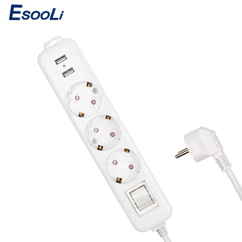 Удлинитель Esooli с двумя USB портами для зарядки и европейской