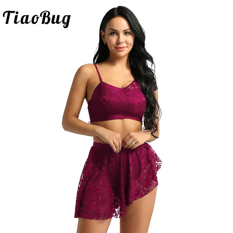 TiaoBug Women Lace Asymmetric Contemporary Lyrical Dance Costume Adult Ballerina Crop Top Ballet Tutu Skirt Gymnastics Set | Тематическая