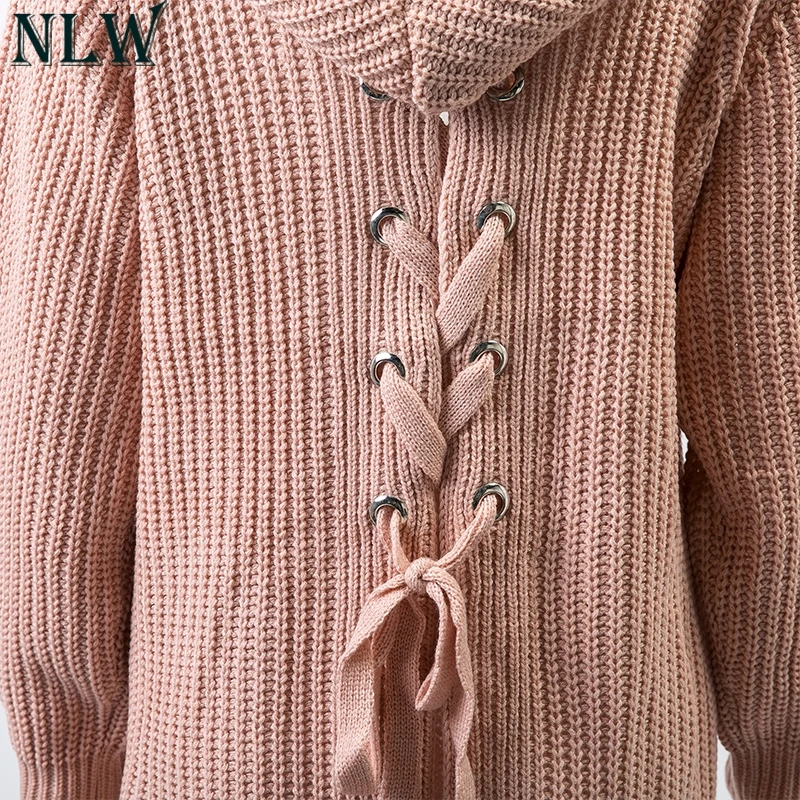 NLW 2019 Autumn Winter Knitted Cardigan Sweater Women Streetwear Long Sleeve Pocket Hooded Jumper Fashion Lace up Split |