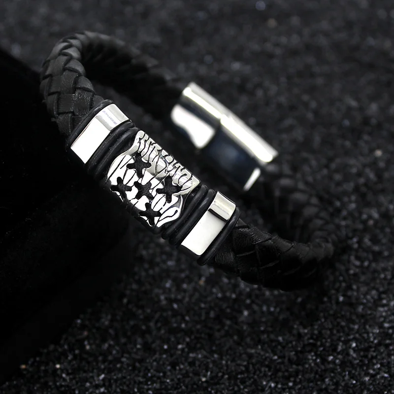 Мужской кожаный браслет черный плетеный из титана и нержавеющей стали 2018|Именные