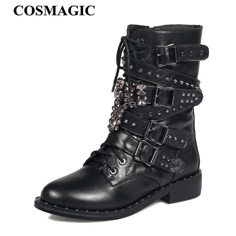 COSMAGIC/Новинка года; женские Ботинки martin из натуральной кожи с заклепками и пряжкой; зимние ботинки на шнуровке; стразы; готические мотоциклетные ботинки в стиле панк
