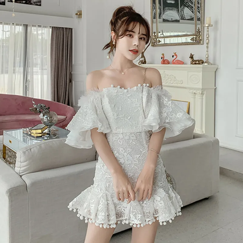 Женское платье с цветочной вышивкой ажурное открытыми плечами оборками и