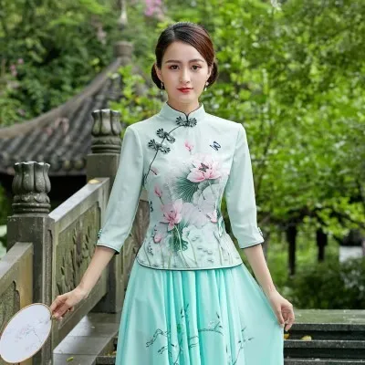 green qipao tops Sheng Coco 4XL размера плюс женская Китайская традиционная одежда элегантные рубашки Древний китайский Cheongsam кофточка Ципао Топы синие - Цвет: green qipao tops