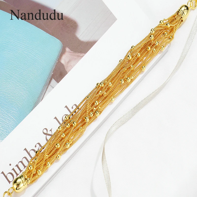 Nandudu, модные Многослойные золотые браслеты, металлические бусины, шарм, 20 см, браслет для женщин, браслет, Femme, ювелирное изделие, подарок, B1103