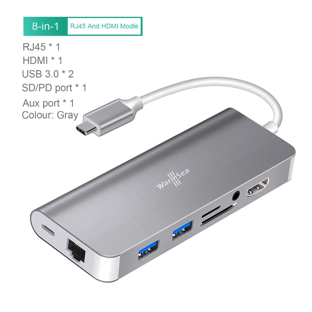 8IN1 Gray Концентратор USB Type C аудио с 4K HDMI RJ45 3,5 мм SD карта зарядная Dex станция для samsung Galaxy S8 S9 nintendo Switch MacBook Pro - Цвет: 8IN1 Gray