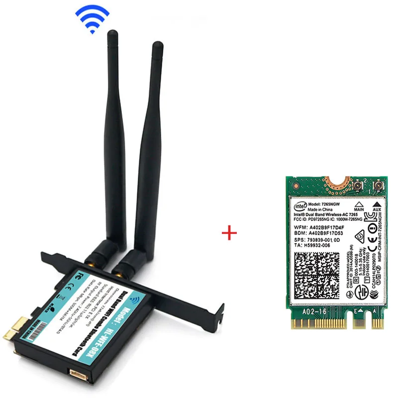 adapter and 7265card NGFF(M.2) ключ рабочего вайфай карты pc адаптер pcie 1X интерфейс поддержка 802,11 A/B/G/N/AC Bluetooth4.0 для работы легко - Цвет: adapter and 7265card