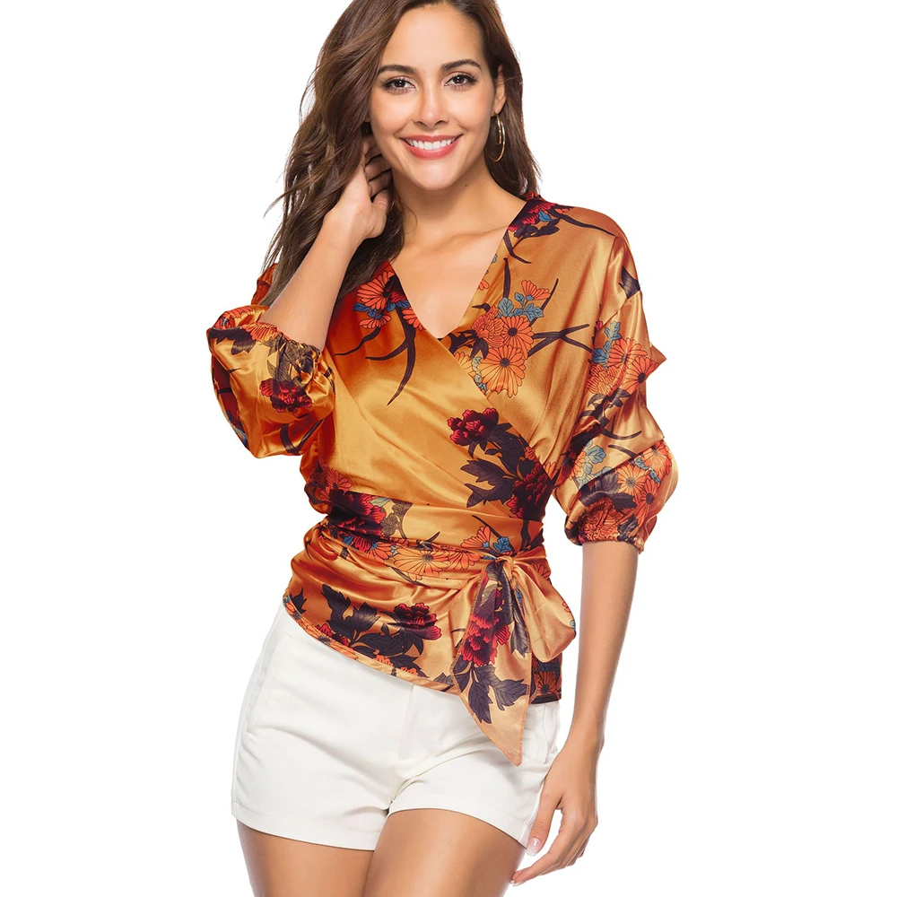 Elegant Women Spring Summer Shirts Boho Style Floral Print Chiffon Tops Blouse V-neck Belt-Bow Shirt Fashion Women's clothing |